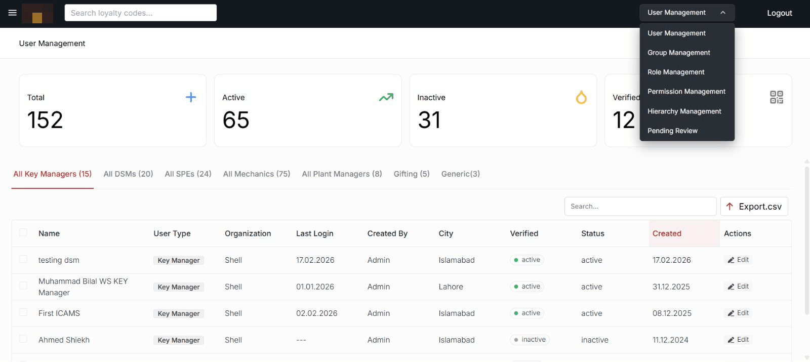 User Management screen