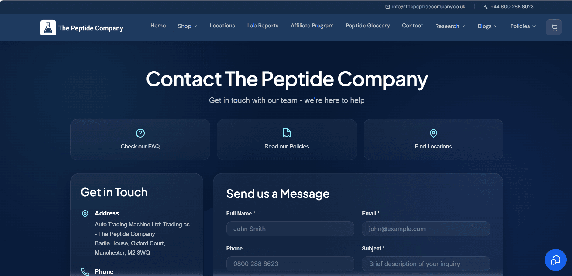 The Peptide Company contact page